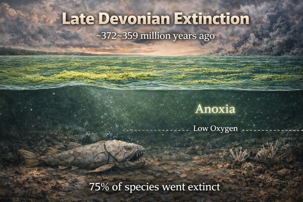 The Late Devonian extinction unfolded over millions of years due to depleted ocean oxygen levels that collapsed food chains.
